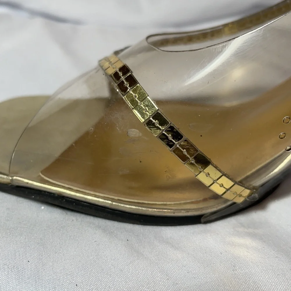 Amanda Acrylic Heels with Gold Accents - EUC